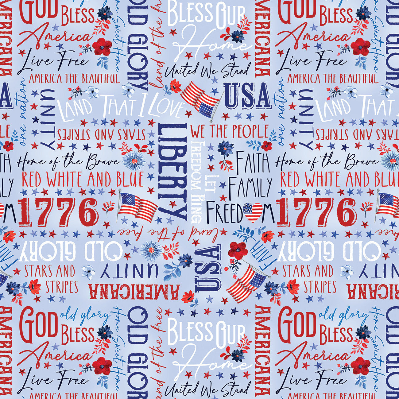 Faith, Family, Freedom Words of Glory Blue Patriotic Yardage by Nicole DeCamp | Benartex