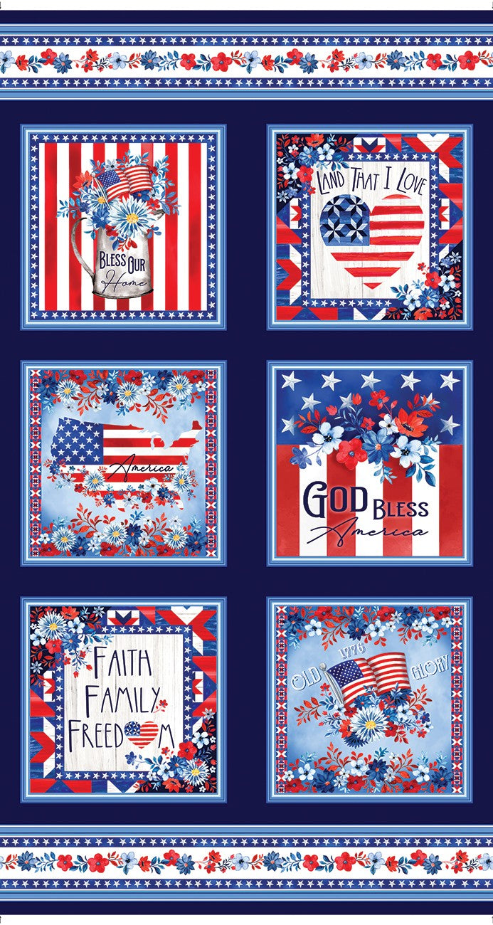 Faith, Family, Freedom Patriotic Boxes Navy Patriotic Yardage by Nicole DeCamp | Benartex