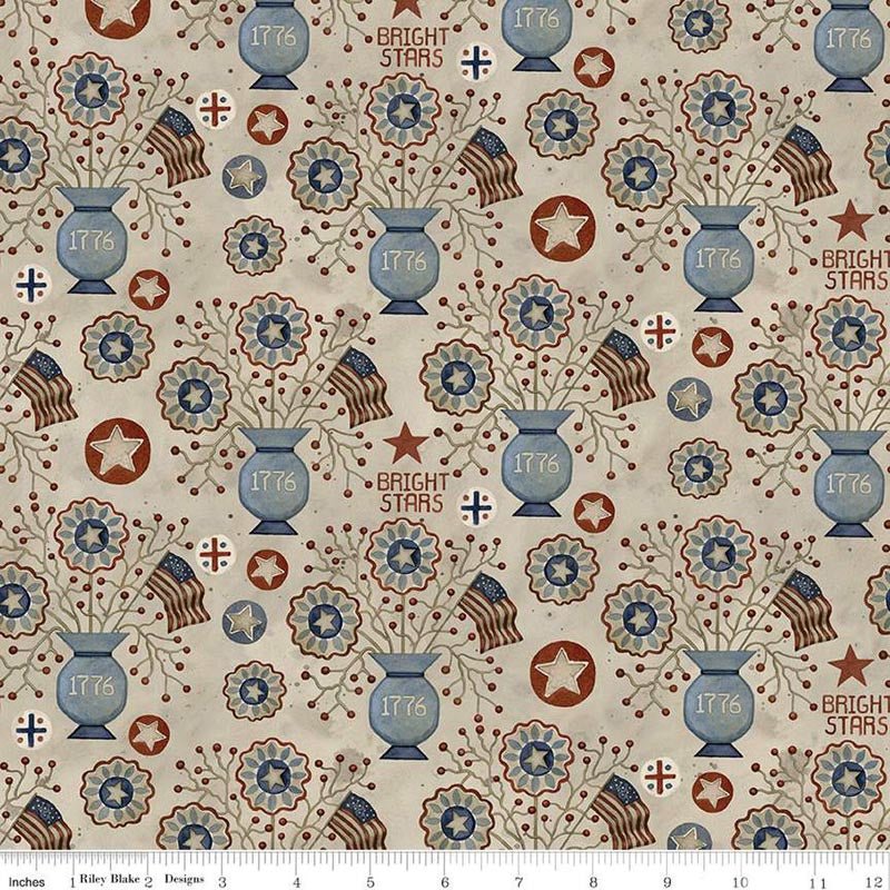 Bright Stars Vases Natural Yardage by Teresa Kogut | Riley Blake Designs natural background with scattered stars featuring vases displaying 1776 , filled with bloming star flowers, American flags, and berries