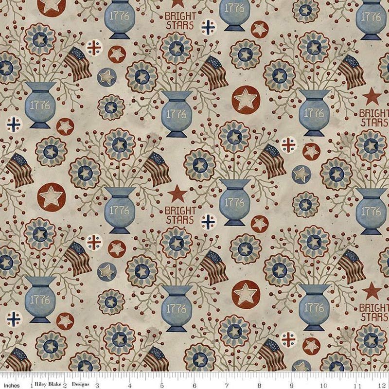 Bright Stars Vases Natural Yardage by Teresa Kogut | Riley Blake Designs natural background with scattered stars featuring vases displaying 1776 , filled with bloming star flowers, American flags, and berries