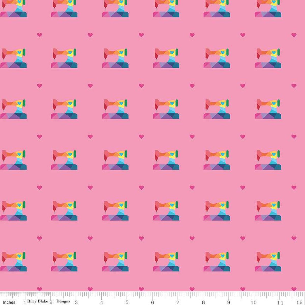 Make Geo Sewing Machine Hot Pink Yardage by Kristy Lea | Riley Blake Designs