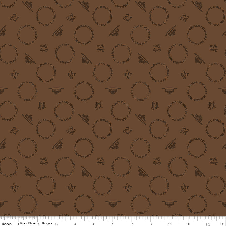 Only You Text Toss Brown Cotton Licensed Yardage | Riley Blake Designs - Scattered Smokey Bear hats and text