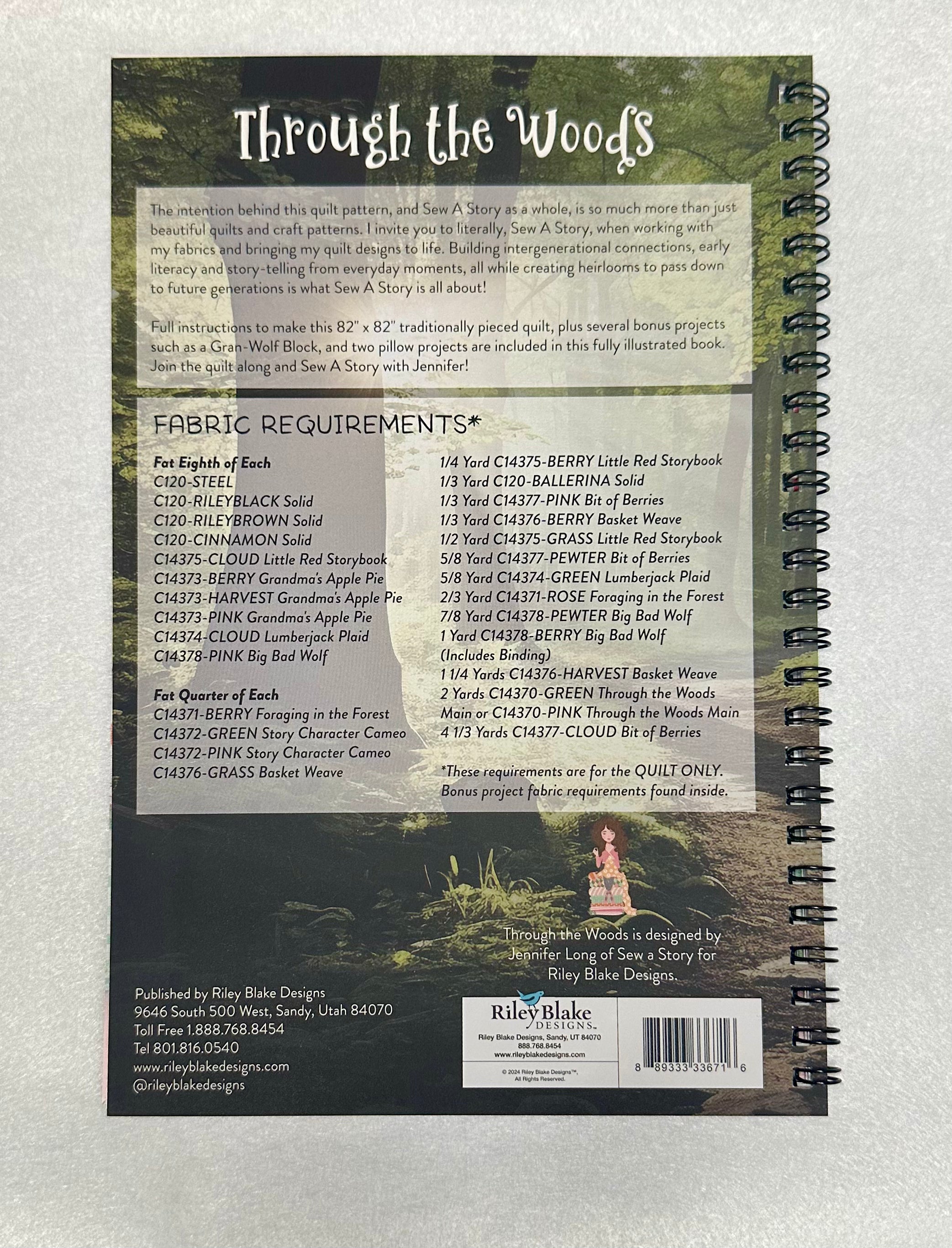 Through the Woods Bee Sew Inspired Project Booklet by Jennifer Long | Riley Blake Designs SKU: P120-WOODS spiral bound booklet showing the Little Red Riding Hood Themed "Through the Woods" Quilt which has a trail to Grandmother's House Back of Booklet