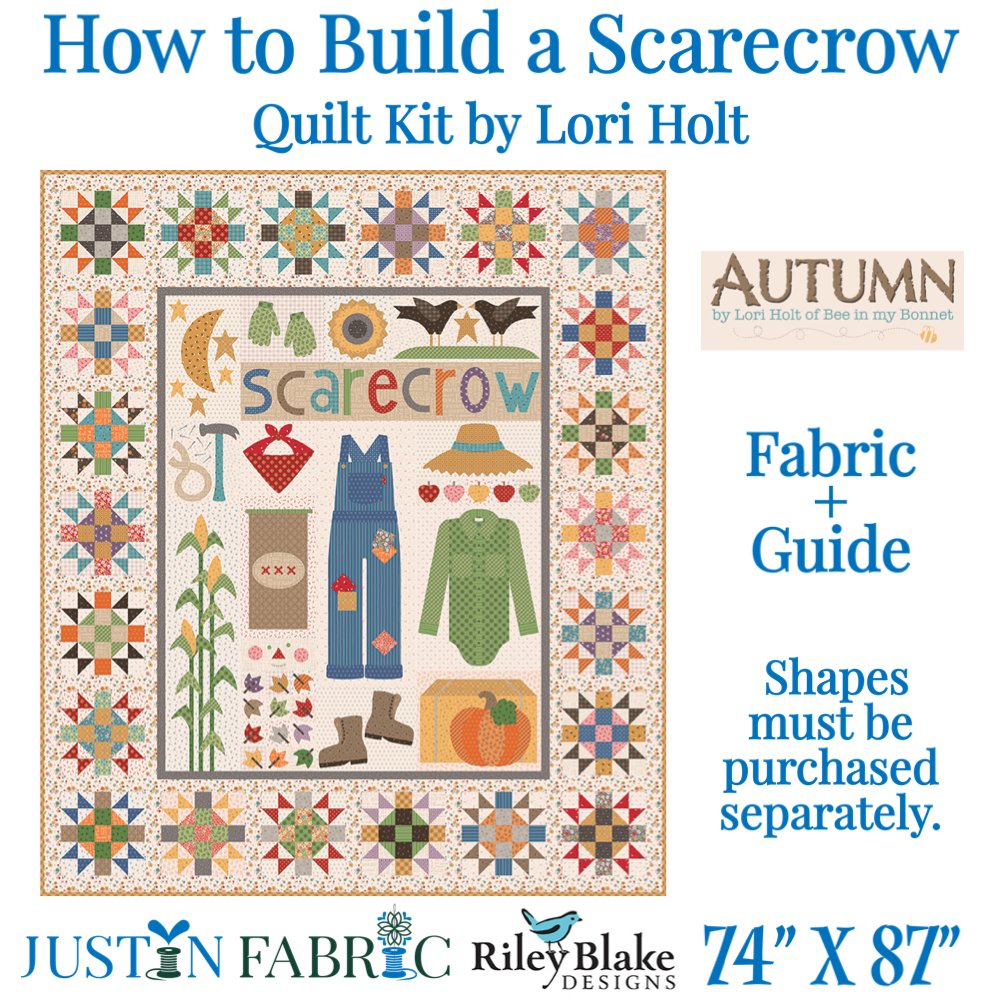 How to Build a Scarecrow Quilt Kit by Lori Holt for Sew Along using Autumn fabrics. Quilt features the moon, stars, crows, corn stalks, a hammer with nails and rope, scarecrow outfit, pumpkin, a box, and multi colored lettering for scarecrow.