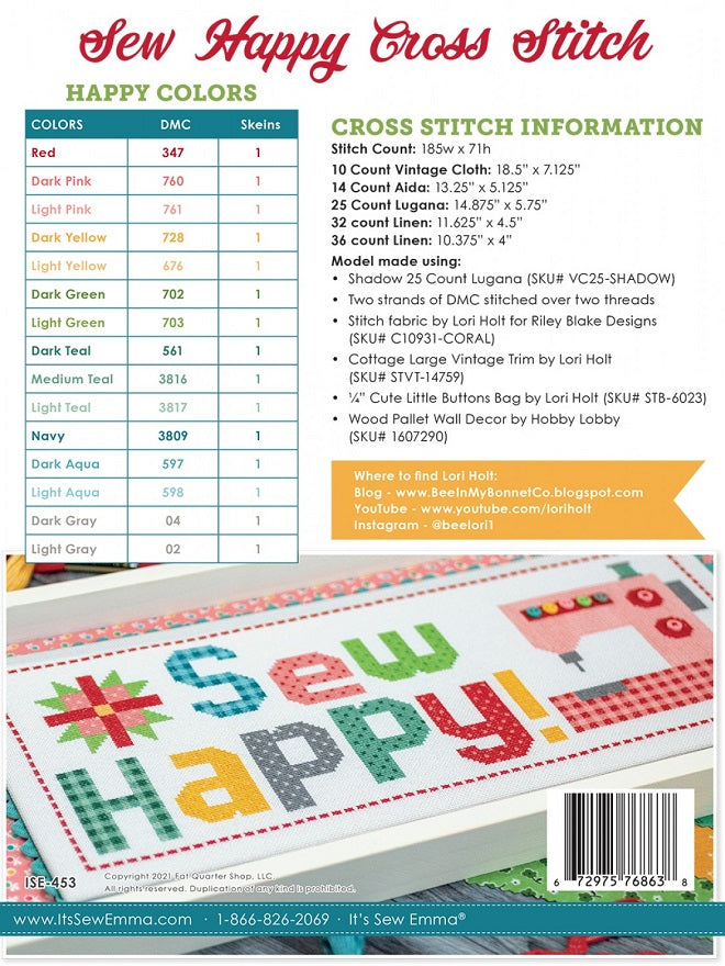 Sew Happy Cross Stitch Pattern Lori Holt of Bee in my Bonnet | It’s Sew Emma - back cover