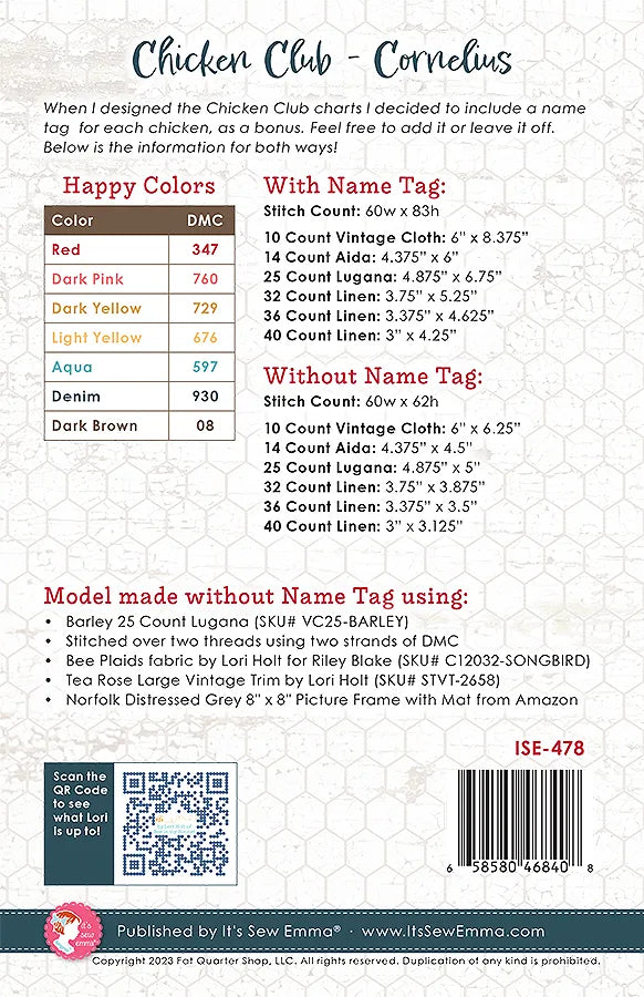 Cornelius Chicken Club #1 Cross Stitch Pattern by Lori Holt Bee in my Bonnet | It's Sew Emma #ISE-478 back cover
