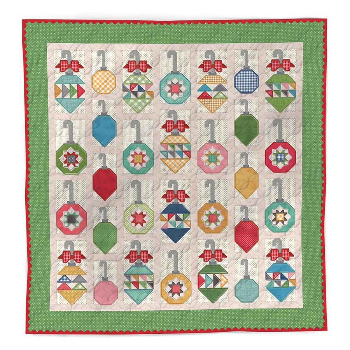 Decorating the Tree Quilt Pattern by Lori Holt with festive ornament blocks in red, green, and holiday prints