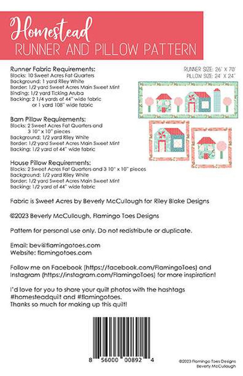 Homestead Pillows and Runner Paper Pattern by Flamingo Toes | Riley Blake Designs back cover