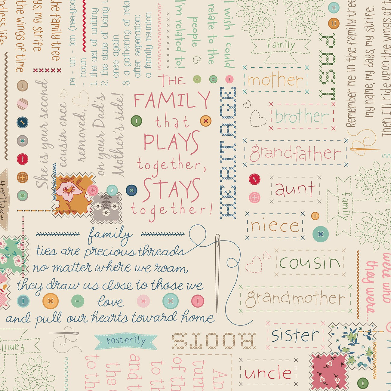 Family Reunion 108in Stitched Families Family Reunion 108in Stitched Families Linen Wide Back Yardage by Lori Holt | Riley Blake Designs
