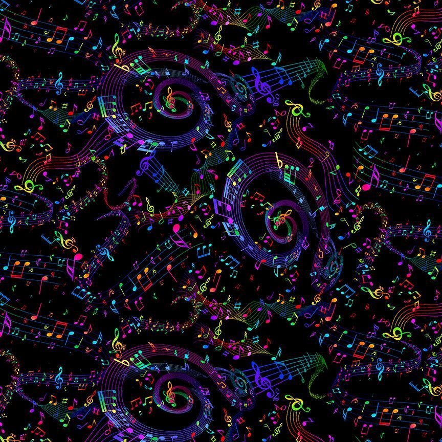 Jazz Fusion Twisted Spiral Music Note Black Yardage | SKU: CD2233-BLACK -CD2233-BLACK - Justin Fabric!