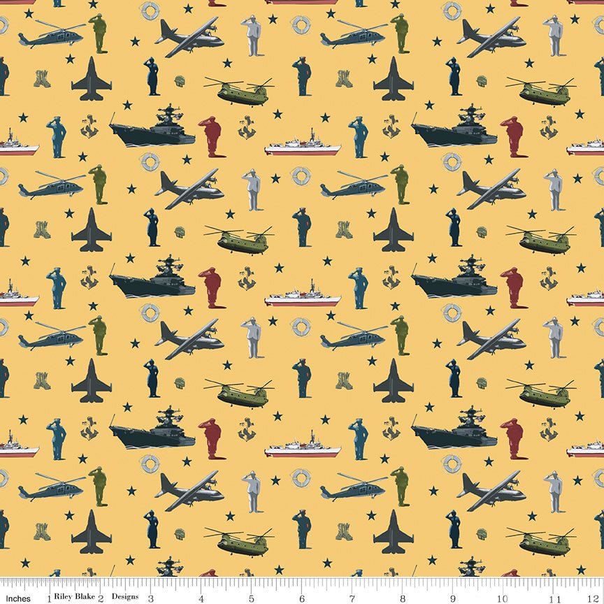 Coming Home Armed Forces Main Yellow Yardage by Vicki Gifford | Riley Blake Designs -C14420-YELLOW - Justin Fabric!