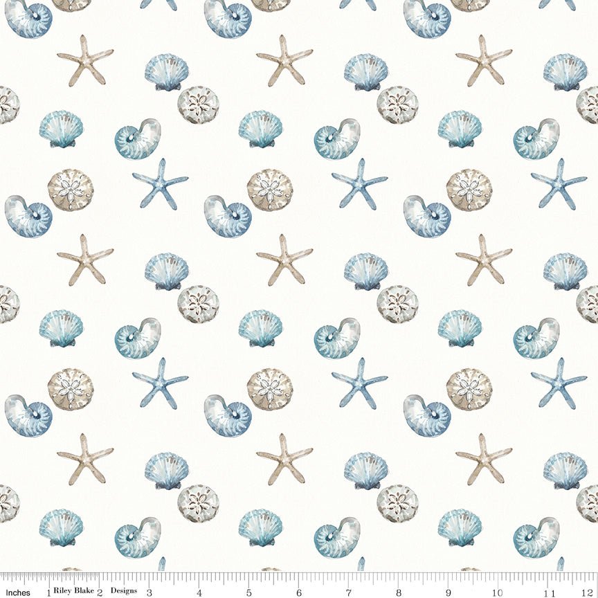 Blue Escape Coastal Shell Toss Off White Cotton Yardage by Lisa Audit | Riley Blake Designs -C14513-OFFWHITE - Justin Fabric!