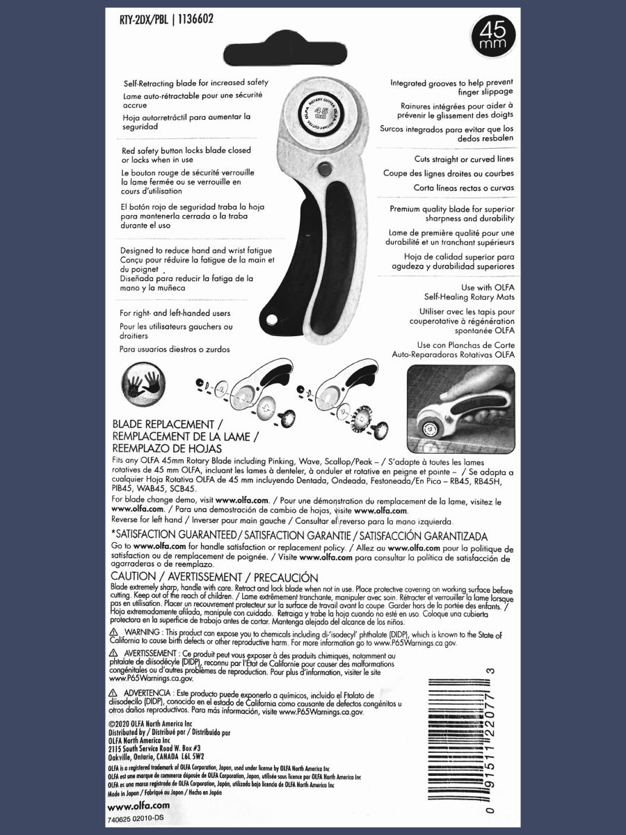 Olfa 45mm Deluxe Rotary Cutter | SKU: RTY-2DX-PBL -RTY-2DX/PBL - Justin Fabric!