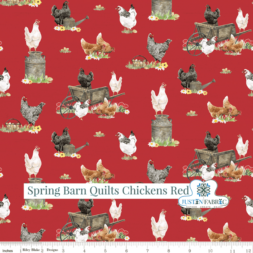 Spring Barn Quilts Chickens Red Yardage| SKU: CD14331-RED Pre-order (January 2024) -CD14331-RED - Justin Fabric!