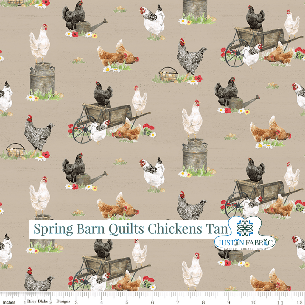 Spring Barn Quilts Chickens Tan Yardage| SKU: CD14331-TAN Pre-order (January 2024) -CD14331-TAN - Justin Fabric!