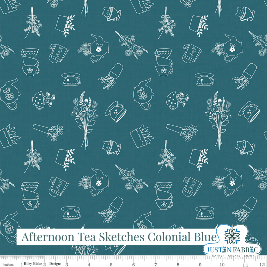 Afternoon Tea Sketches Colonial Blue Yardage | SKU: C14031-COLBLUE -C14031-COLBLUE - Justin Fabric!