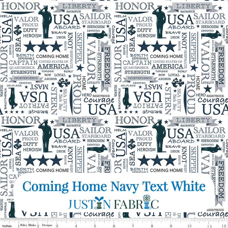 Coming Home Navy Text White Cotton Yardage by Vicki Gifford | Riley Blake Designs C14433-WHITE - White background fabric with dark blue Sailors saluting, Stars, and words used in the navy in printed text.