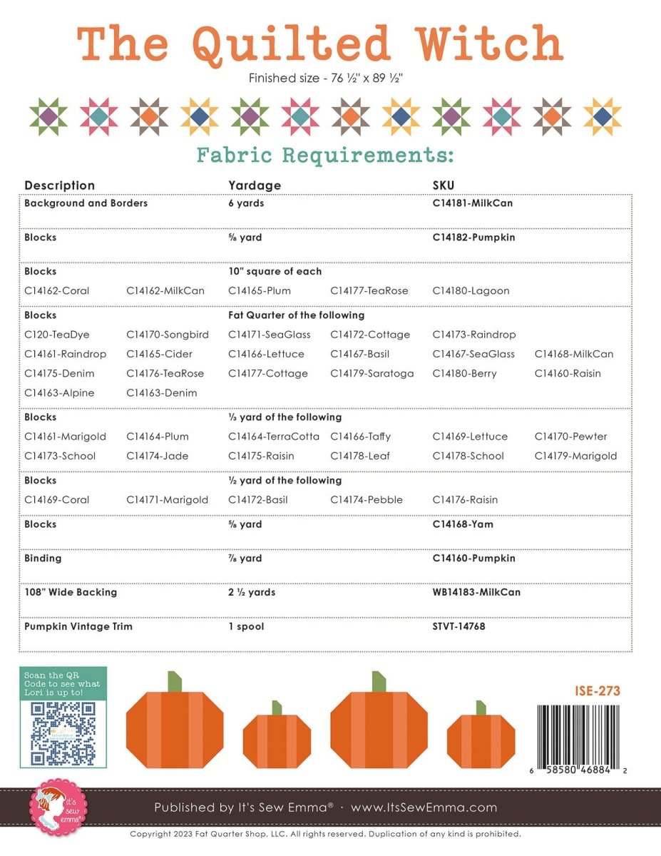 The Quilted Witch Quilt Pattern by Lori Holt of Bee in my Bonnet | It’s Sew Emma back of pattern with fabric requirements