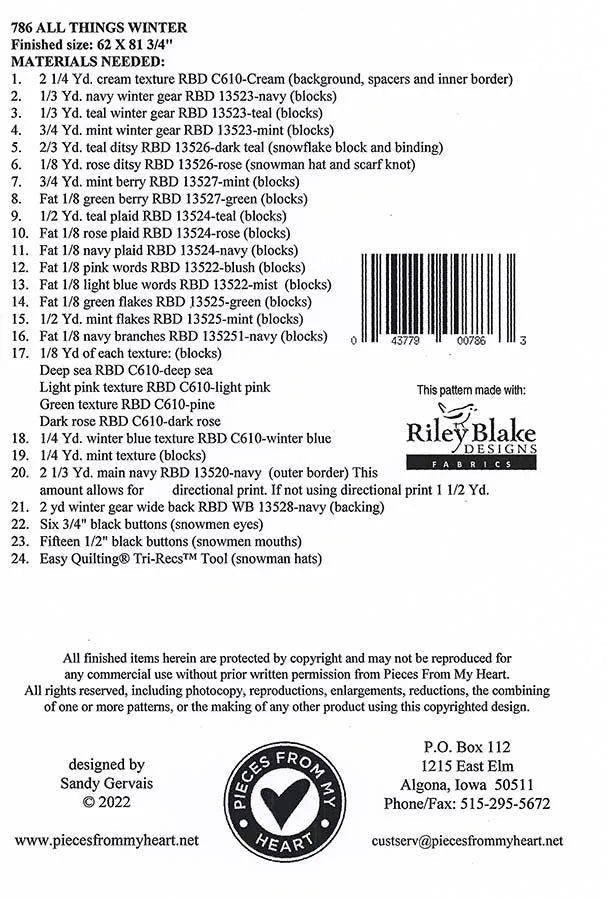 All Things Winter Pattern by Sandy Gervais for Riley Blake Designs -P157-ALLTHINGSWINTER - Justin Fabric!