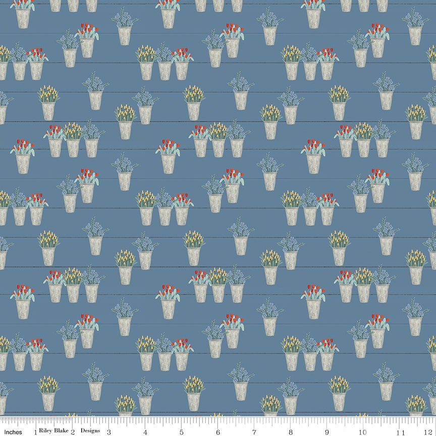 Farmhouse Summer Flower Pots Denim Yardage | SKU: C13633-DENIM -C13633-DENIM - Justin Fabric!