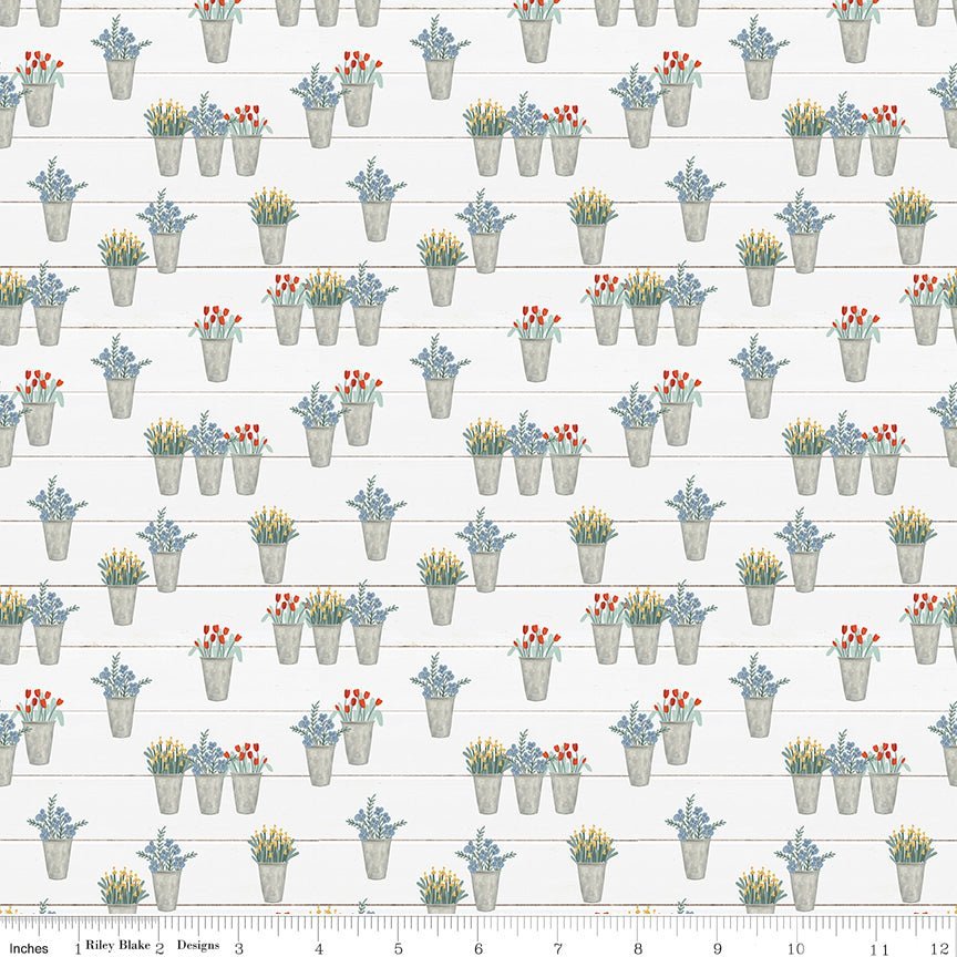 Farmhouse Summer Off White Flower Pots Yardage | SKU: C13633-OFFWHITE -C13633-OFFWHITE - Justin Fabric!