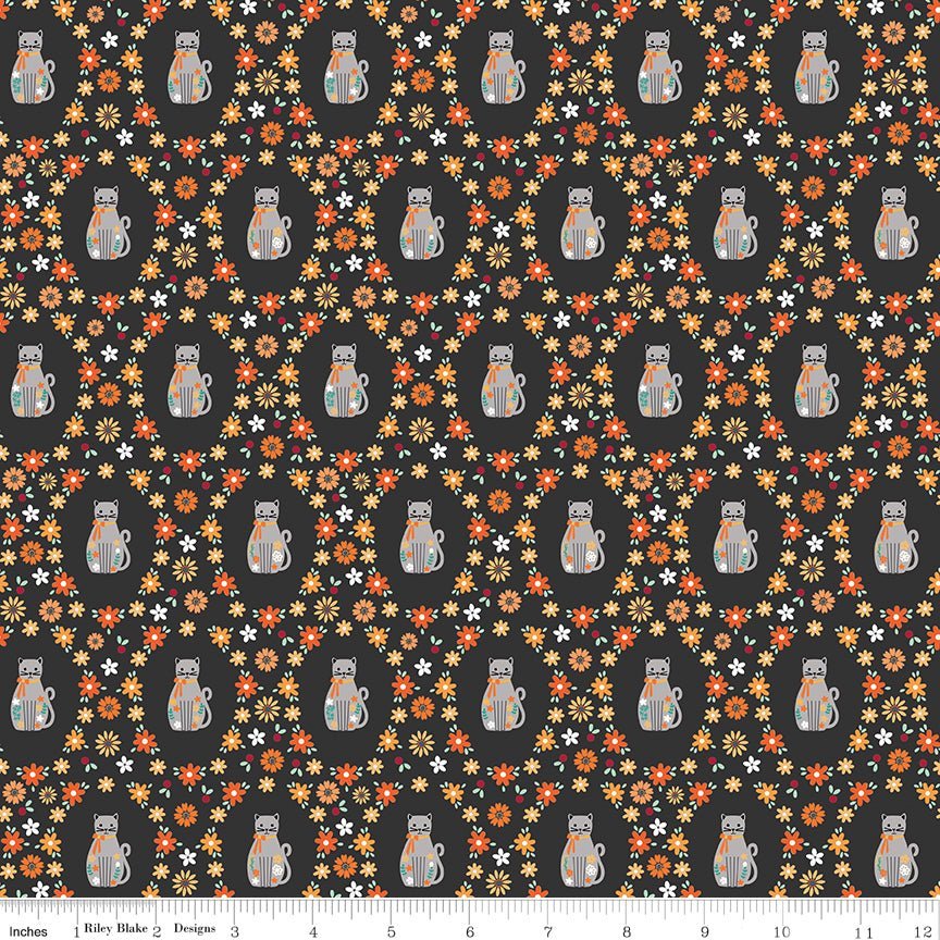 Haunted Adventure Spooky Kitties Charcoal Yardage | SKU: C13112-CHARCOAL -C13112-CHARCOAL - Justin Fabric!