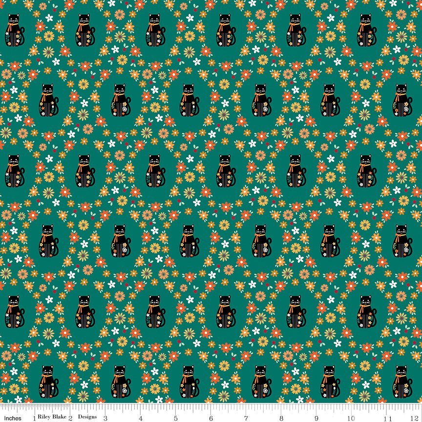 Haunted Adventure Spooky Kitties Jade Yardage | SKU: C13112-JADE -C13112-JADE - Justin Fabric!