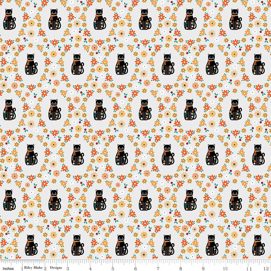 Haunted Adventure Spooky Kitties Silver Yardage | SKU: C13112-SILVER -C13112-SILVER - Justin Fabric!