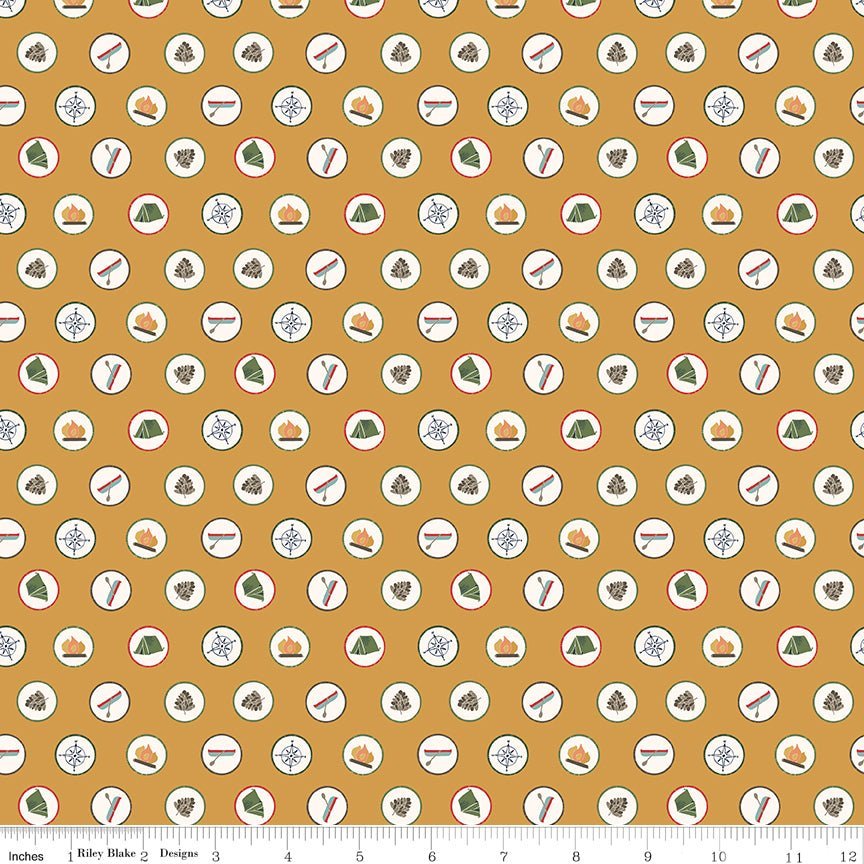 Love You S’more Badges Gold Yardage | SKU: C12141-GOLD -C12141-GOLD - Justin Fabric!