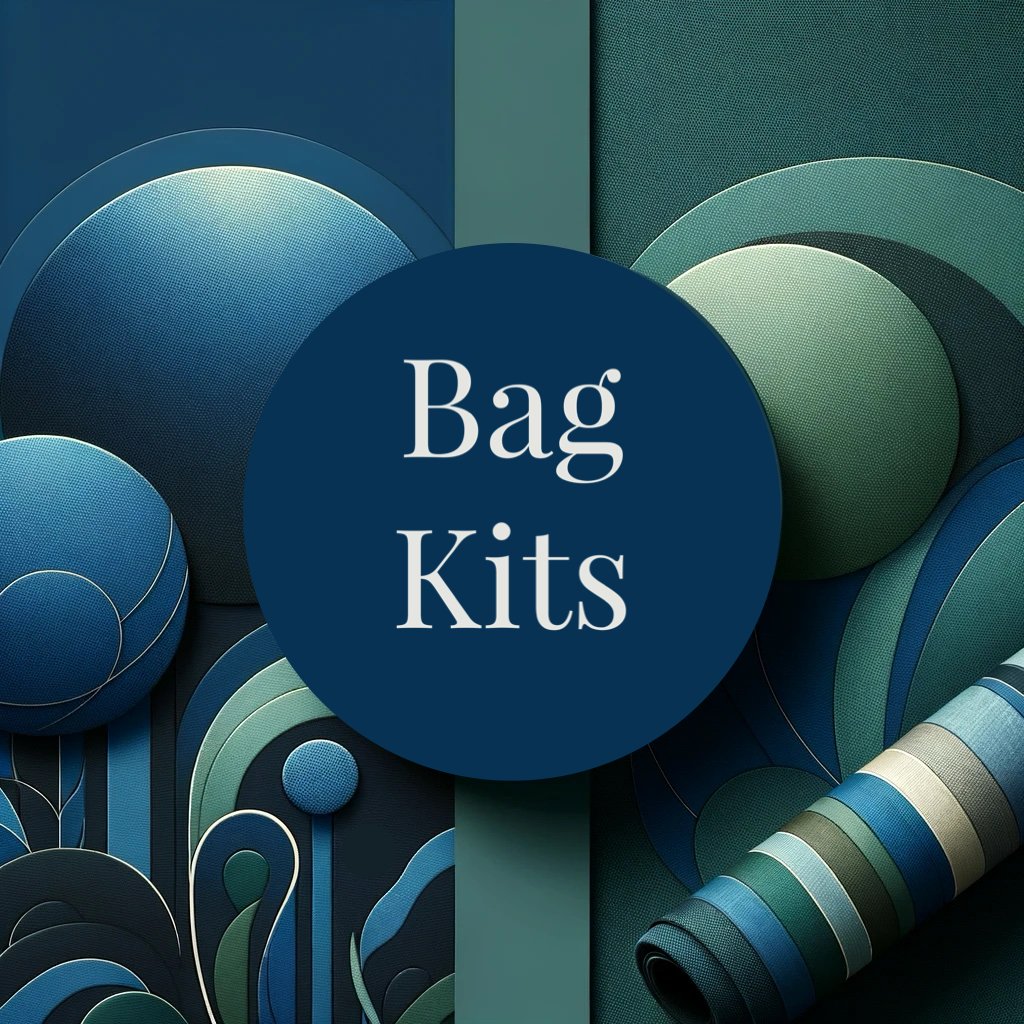 Comprehensive bag kits containing fabric and instructions for sewing various styles of bags.