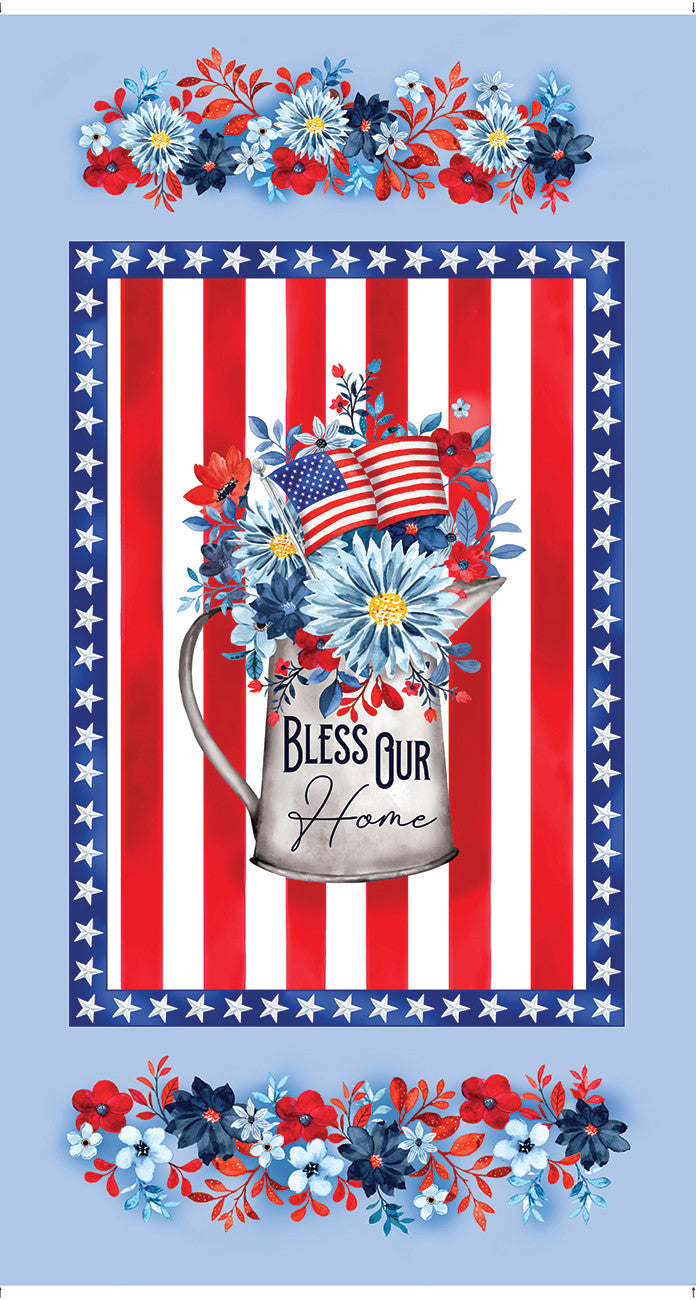 Faith, Family, Freedom Blessed Our Home Blue Patriotic Panel by Nicole DeCamp | Benartex