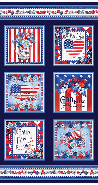 Faith, Family, Freedom Patriotic Boxes Navy Patriotic Yardage by Nicole DeCamp | Benartex