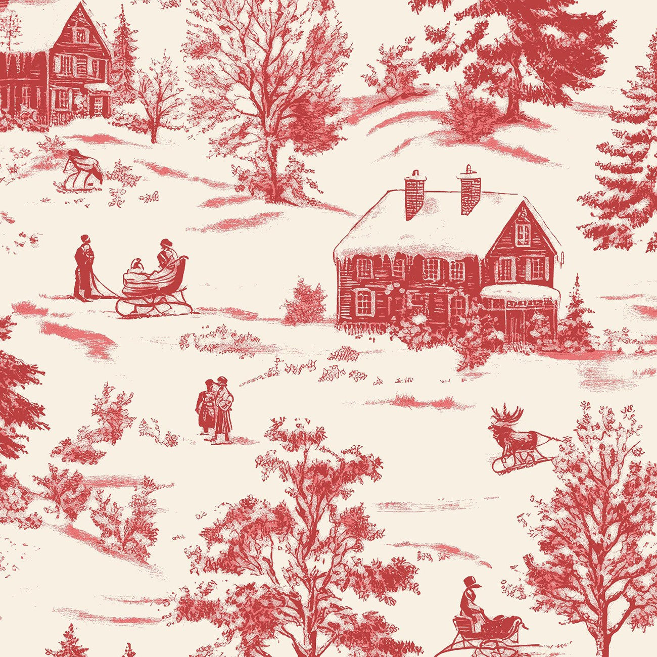 Holly Jolly Calico Ecru/Red Winter Scene Yardage with 8 Inch Repeat by Amelia Designs | Blank Quilting