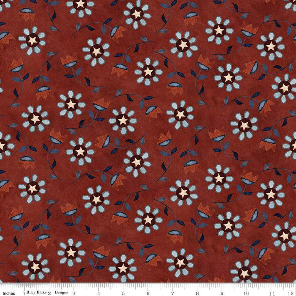 Bright Stars Floral Red Yardage by Teresa Kogut | Riley Blake Designs red background displaying blue flowers with white stars in center