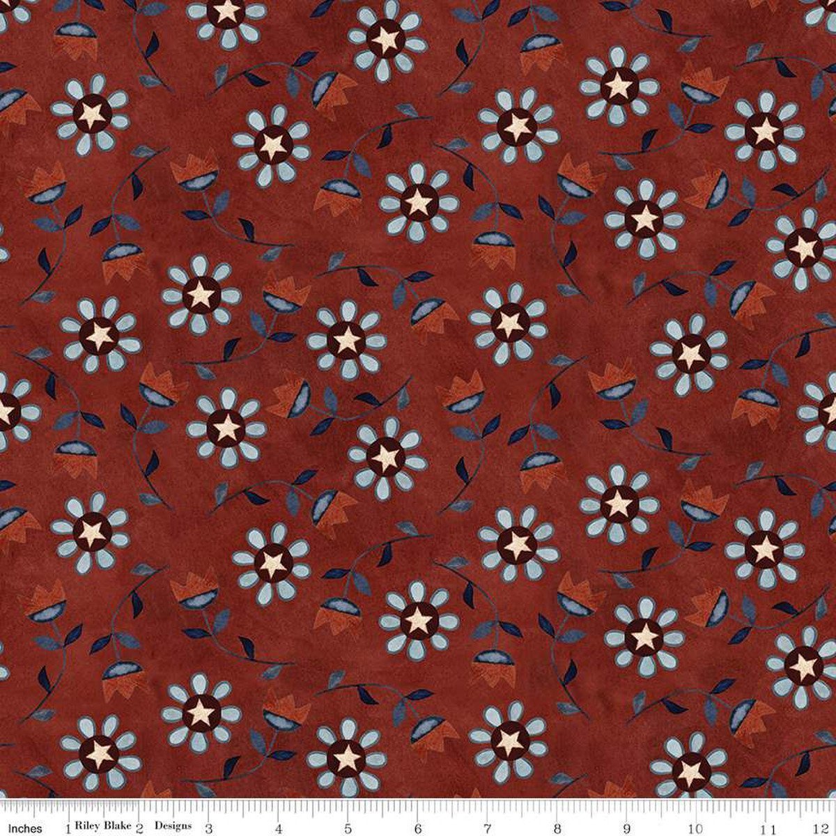Bright Stars Floral Red Yardage by Teresa Kogut | Riley Blake Designs red background displaying blue flowers with white stars in center
