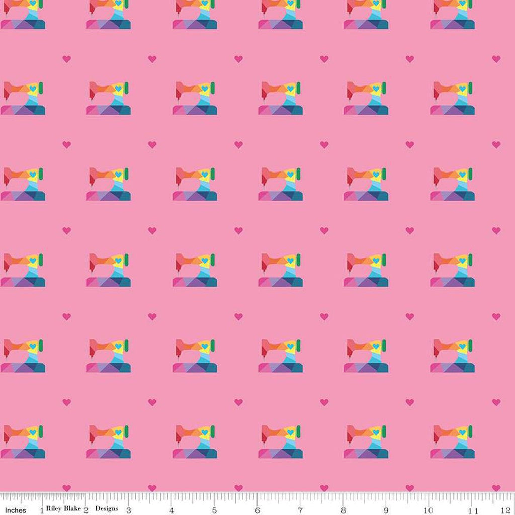 Make Geo Sewing Machine Hot Pink Yardage by Kristy Lea | Riley Blake Designs