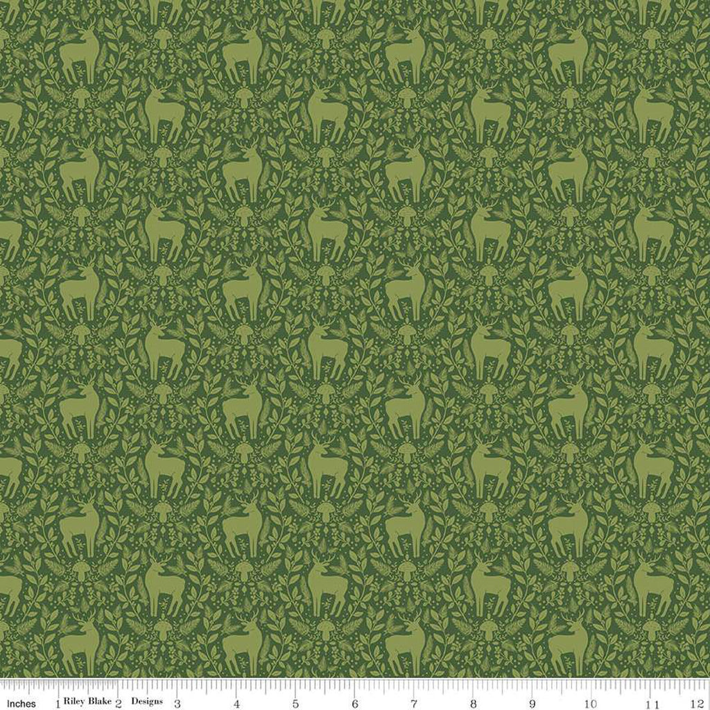 Yuletide Forest Deer Damask Green Yardage by Katherine Lenius | Riley Blake Designs