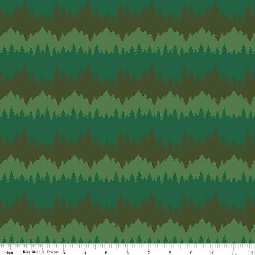 Only You Tree Stripe Forest Cotton Licensed Yardage | Riley Blake Designs rows of trees and mountains in shades of green