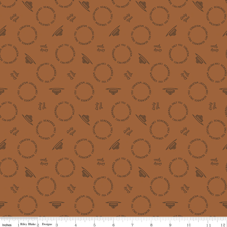 Only You Text Toss Orange Cotton Licensed Yardage | Riley Blake Designs with scattered Smokey Bear hats and text on orange background