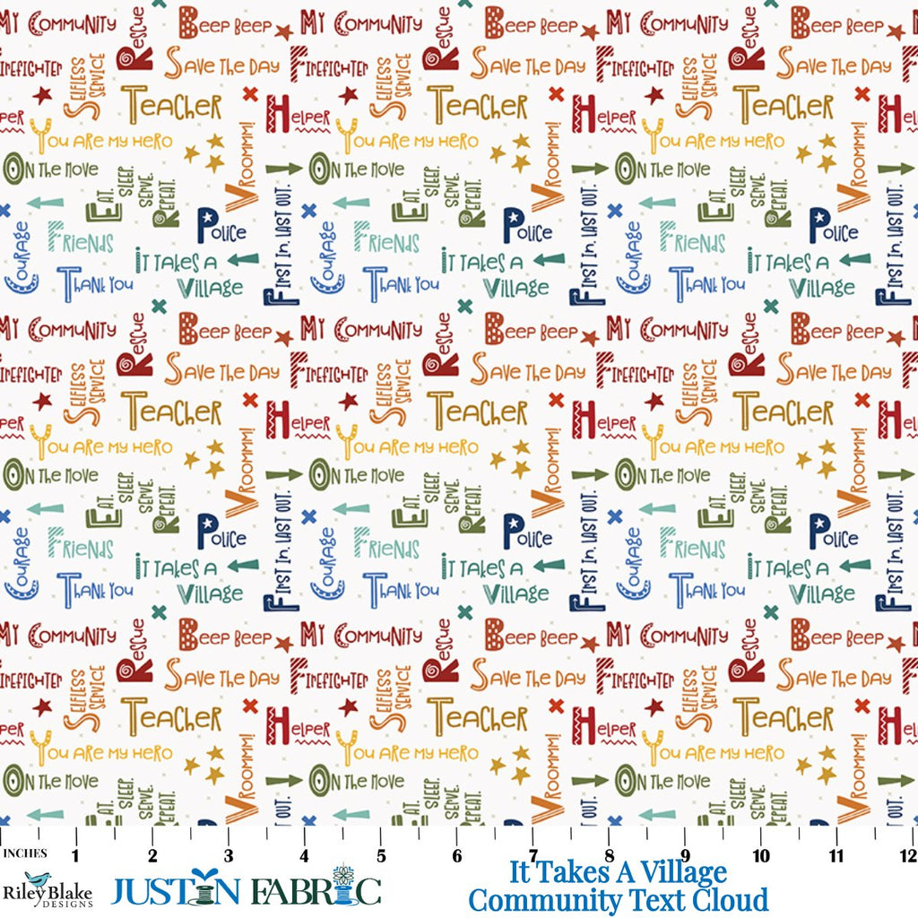 It Takes A Village Community Text Cloud Yardage by Jennifer Long | Riley Blake Designs with multicolored text on a cloud white background 