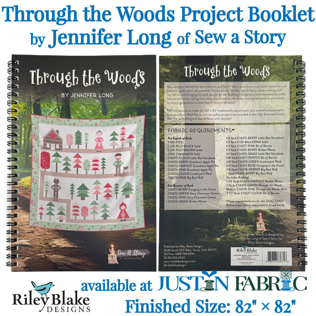 Through the Woods Bee Sew Inspired Project Booklet by Jennifer Long | Riley Blake Designs SKU: P120-WOODS spiral bound booklet showing the Little Red Riding Hood Themed "Through the Woods" Quilt which has a trail to Grandmother's House 