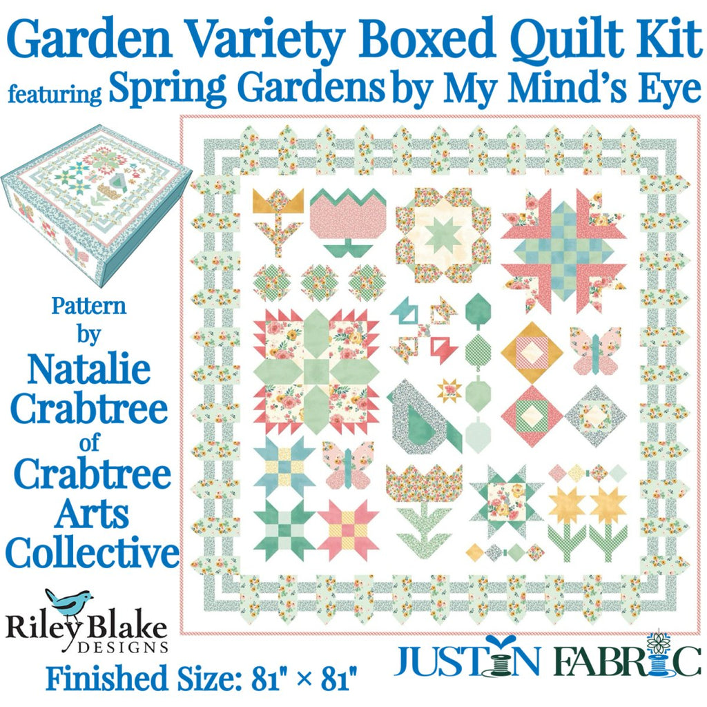 Garden Variety Quilt Kit by Natalie Crabtree featuring Spring Gardens fabric by My Mind’s Eye | Riley Blake Designs KT-14110 displays a beautiful fenced in spring garden with assorted floral blocks and a bird