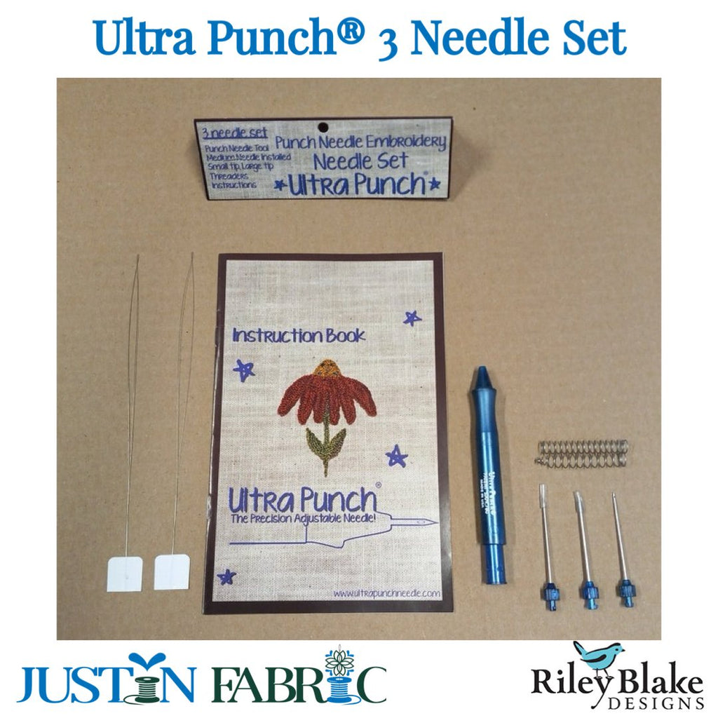 Ultra Punch® 3 Needle Set by Ultra Punch | Riley Blake Designs - Display of the set with the ergonomic blue punch needle tool, 3 interchangeable needle tips (small, large, and a medium tip installed), two threaders, one open spring (for large needle), and a detailed instruction book.