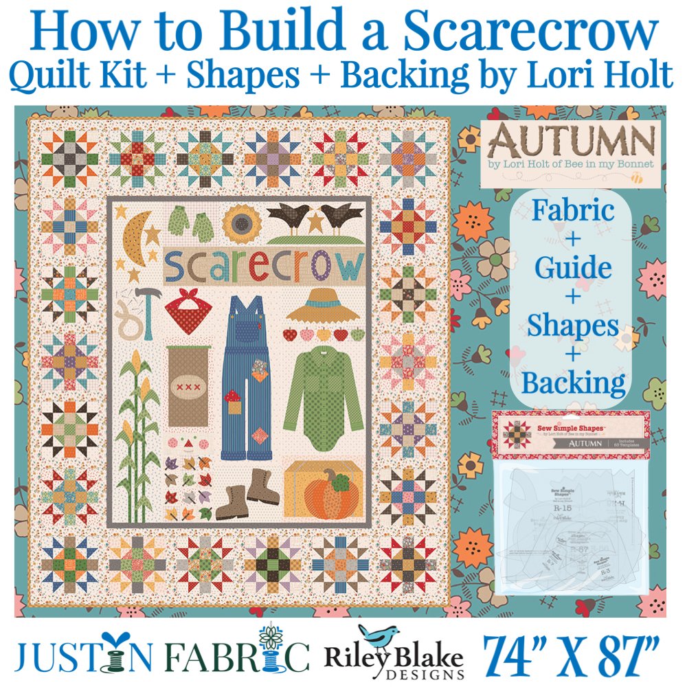 This is the How to Build a Scarecrow Quilt Kit by Lori Holt and this includes the Autumn Sew Simple Shapes applique templates  along with the wide back fabric in raindrop