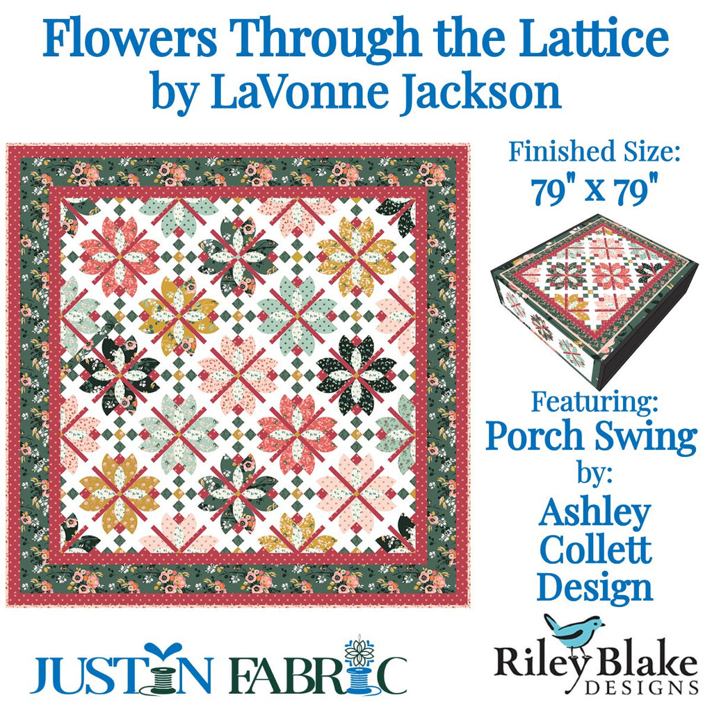 Flowers Through the Lattice Boxed Quilt Kit by LaVonne Jackson featuring Porch Swing| Riley Blake Designs showing Quilt Top and Box
