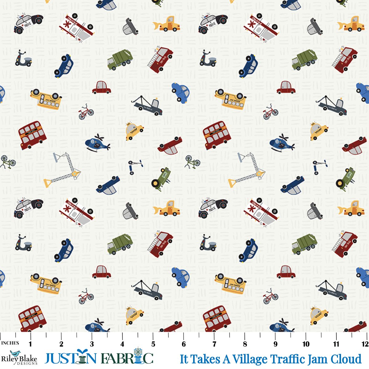 It Takes A Village Traffic Jam Cloud Yardage by Jennifer Long | Riley Blake Designs with scattered vehicles on a cloud background