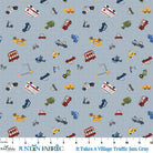 It Takes A Village Traffic Jam Gray Yardage by Jennifer Long | Riley Blake Designs with scattered vehicles on a gray background
