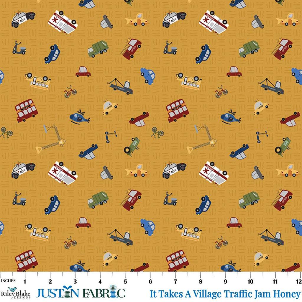 It Takes A Village Traffic Jam Honey Yardage by Jennifer Long | Riley Blake Designs with scattered vehicles on a honey background