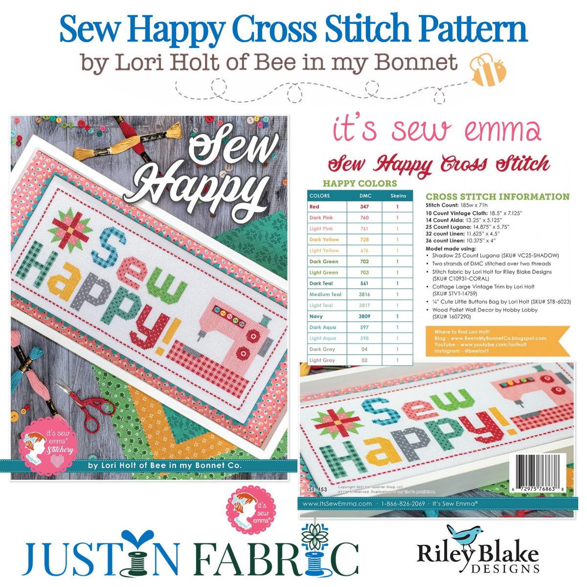 Sew Happy Cross Stitch Pattern Lori Holt of Bee in my Bonnet | It’s Sew Emma - entire cover
