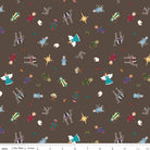 Silent Night Story Characters Earth Sparkle Yardage by Jennifer Long | Riley Blake Designs brown background with scattered nativity story characters and gold stars that sparkle